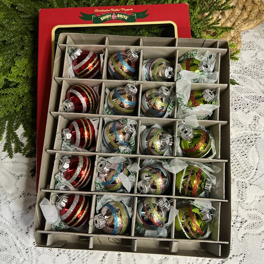 Christopher Radko Shiny Brite 20 Christmas Ornaments Small Stripe Glitter Balls